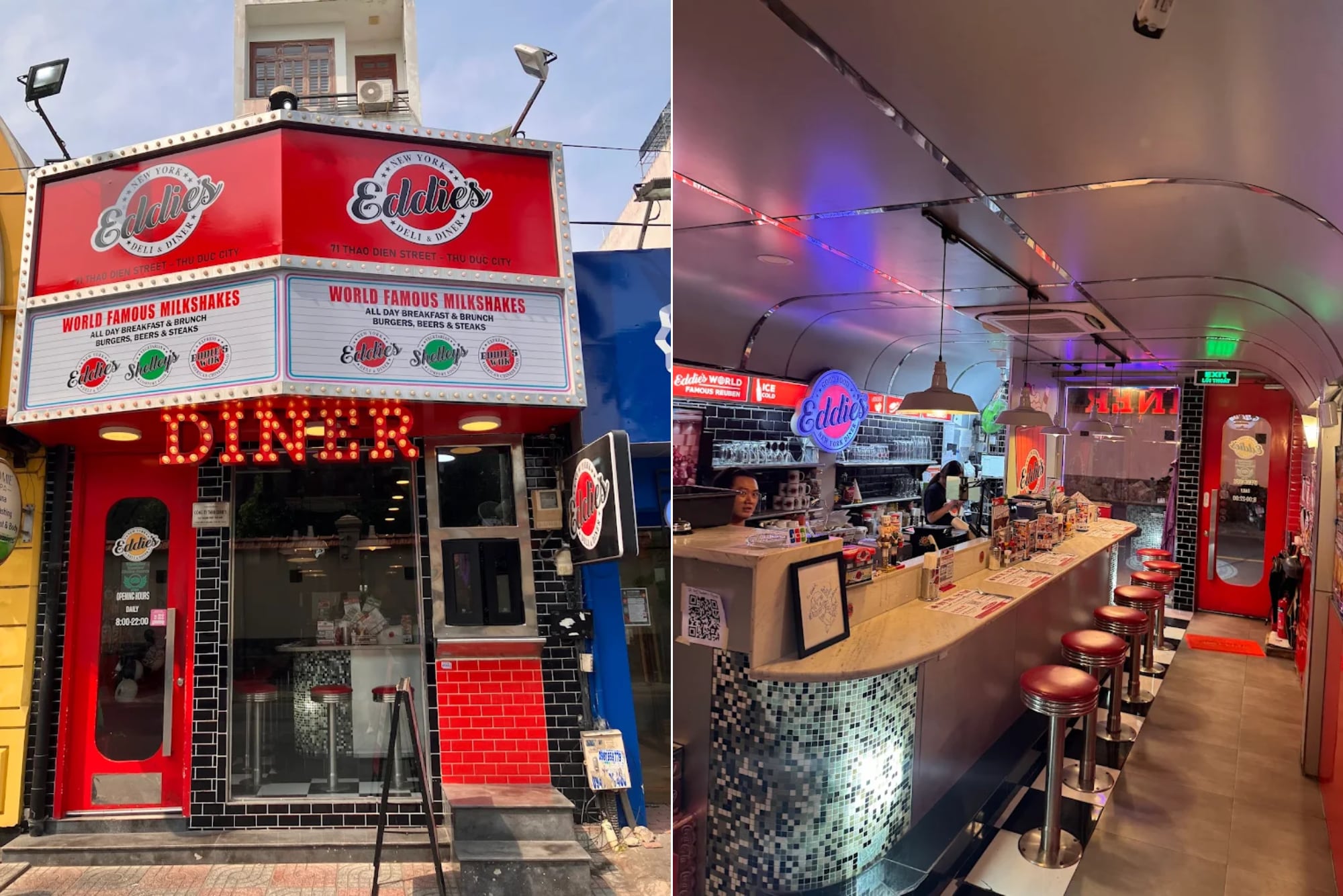 Eddie’s New York Deli & Diner embodies the classic 1950s American diner style with its vibrant red tones